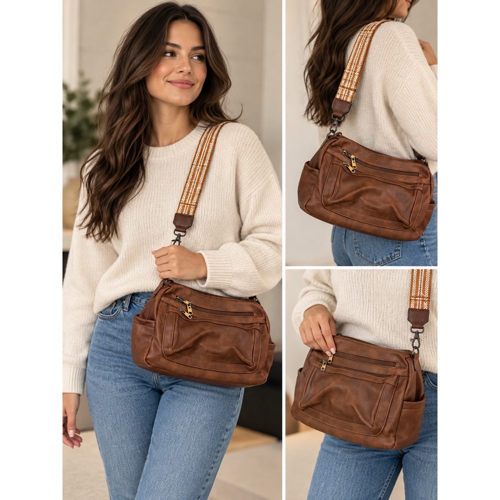 Bluome Brown Faux Leather Multi-Pocket Crossbody Bag with Woven Guitar Strap